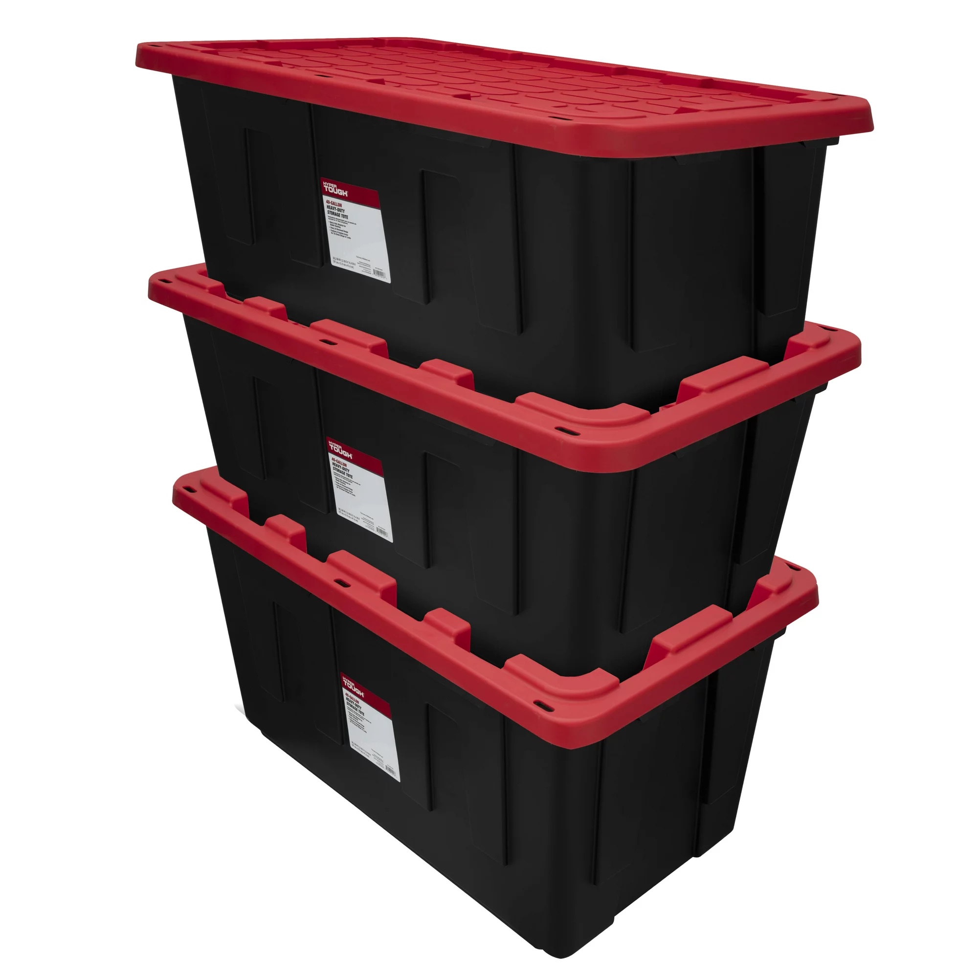 Hyper Tough 40 Gallon Snap Lid Plastic Storage Bin. Black Base/Red Lid. Set of 3