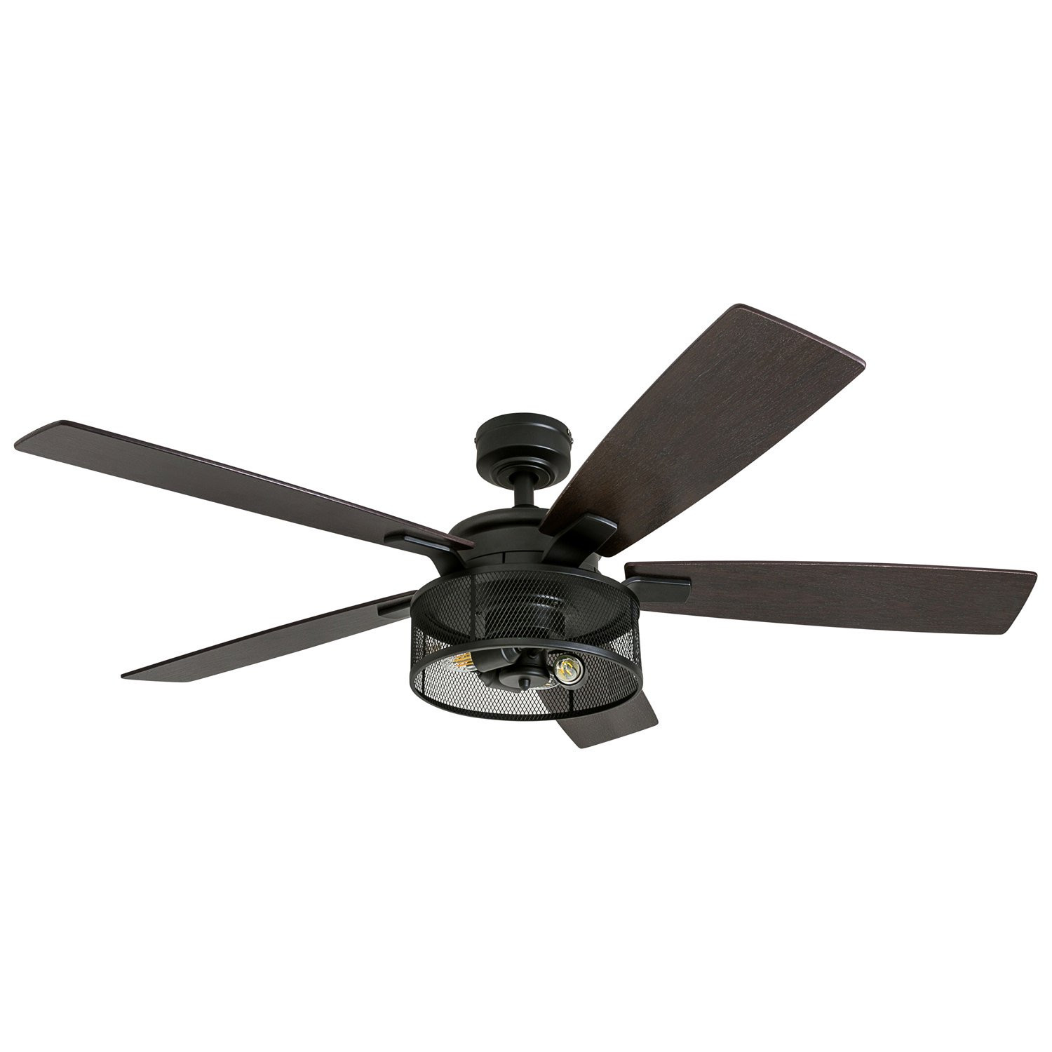 Honeywell Carnegie 52″ Matte Black LED Industrial Ceiling Fan with Remote. Mesh Drum Lighting and Edison Bulbs
