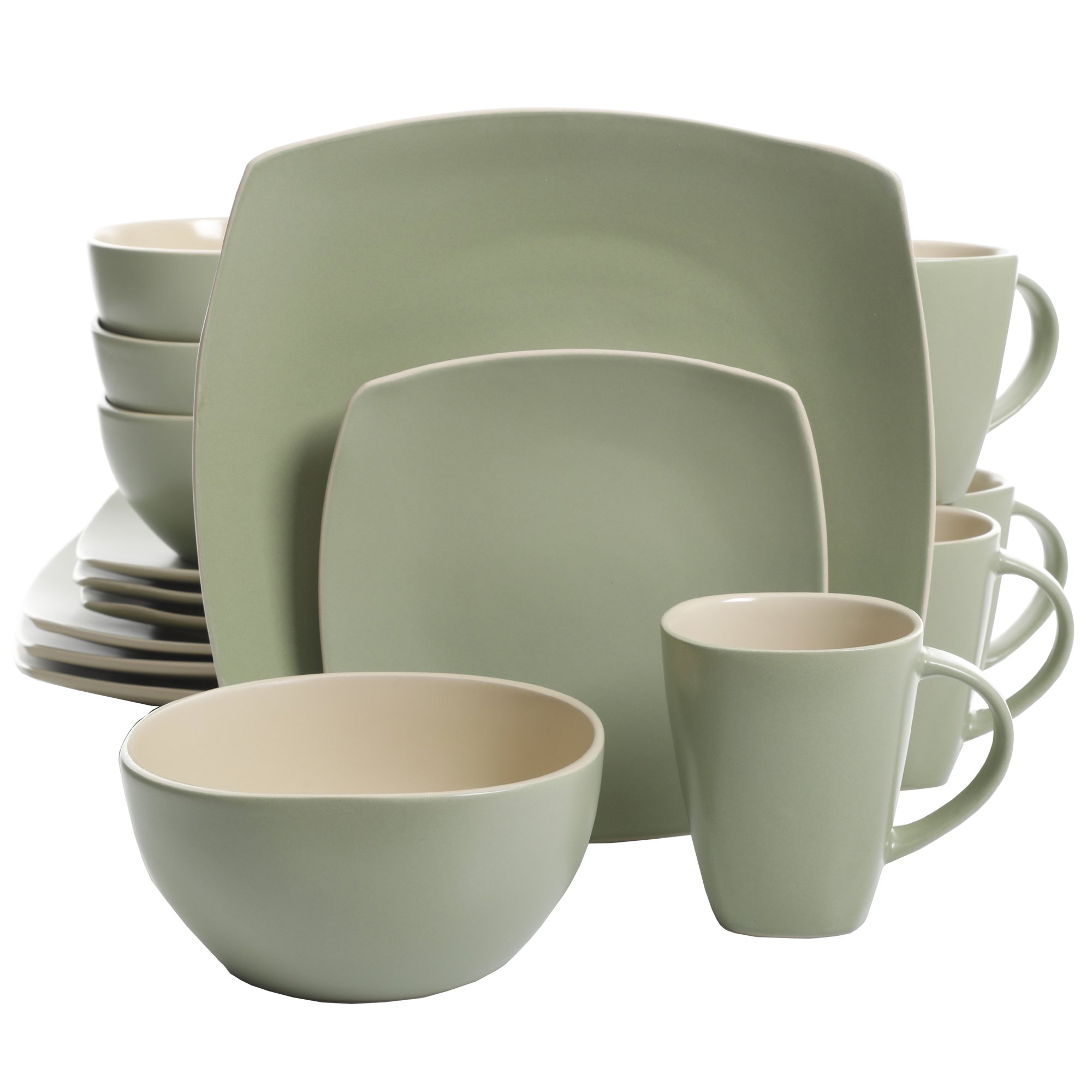 Gibson Home Soho Lounge Pastel Green 16-Piece Dinnerware Set. Green