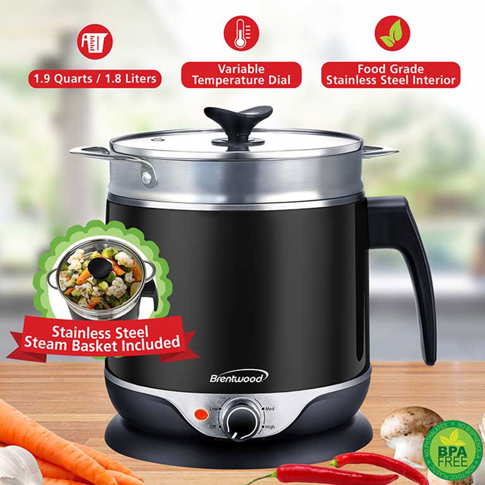 Brentwood Stainless Steel 1.9 Quart Cordless Electric Hot Pot Cooker and Food Steamer in Black