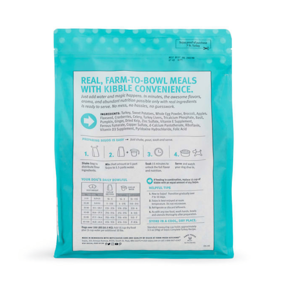 Sojos Complete Grain-Free Adult Turkey Recipe Freeze-Dried Raw Dog Food. 7 Lbs