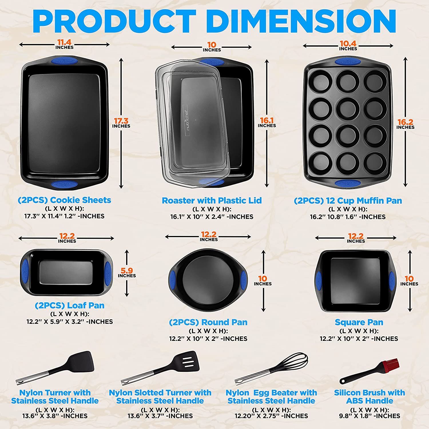 NutriChef 15-Piece Baking Pan Set. Nonstick Gray Coating Carbon Steel with Blue Silicone Handles Bakeware