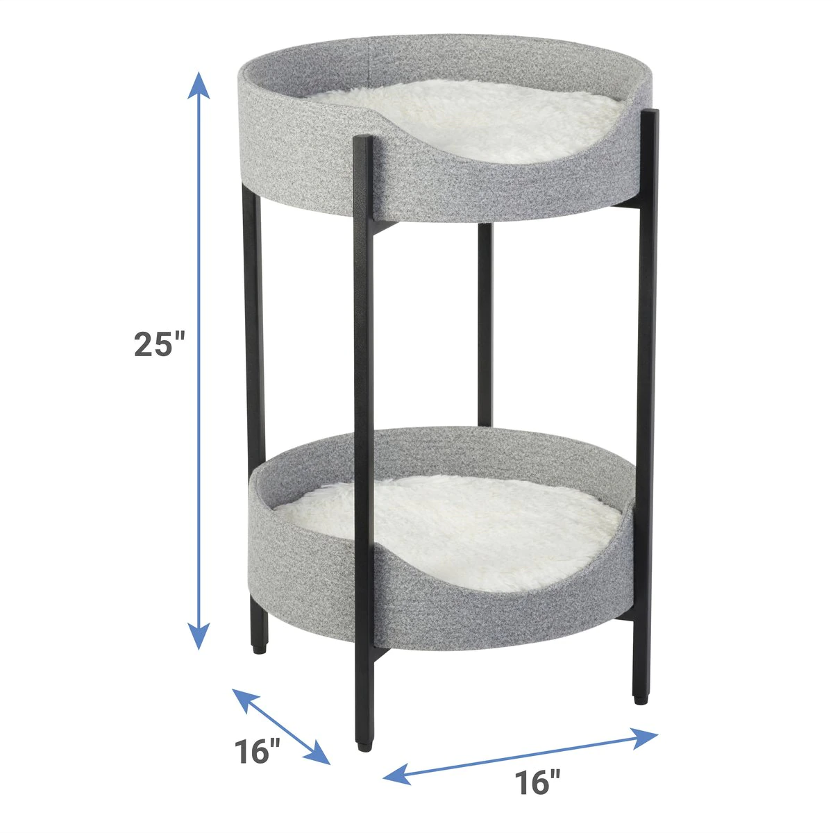 Frisco Modern Elevated Wrought Iron Cat Bed with Eyelash Cushion. Two Tier