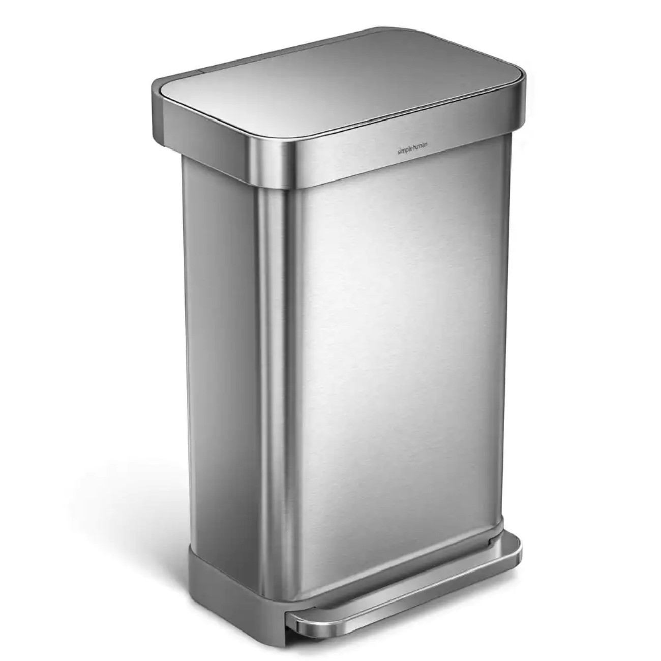 simplehuman 45-Liter Nano-Silver Clear Coat Brushed Stainless Steel Rectangular Liner Rim Step-On Trash Can