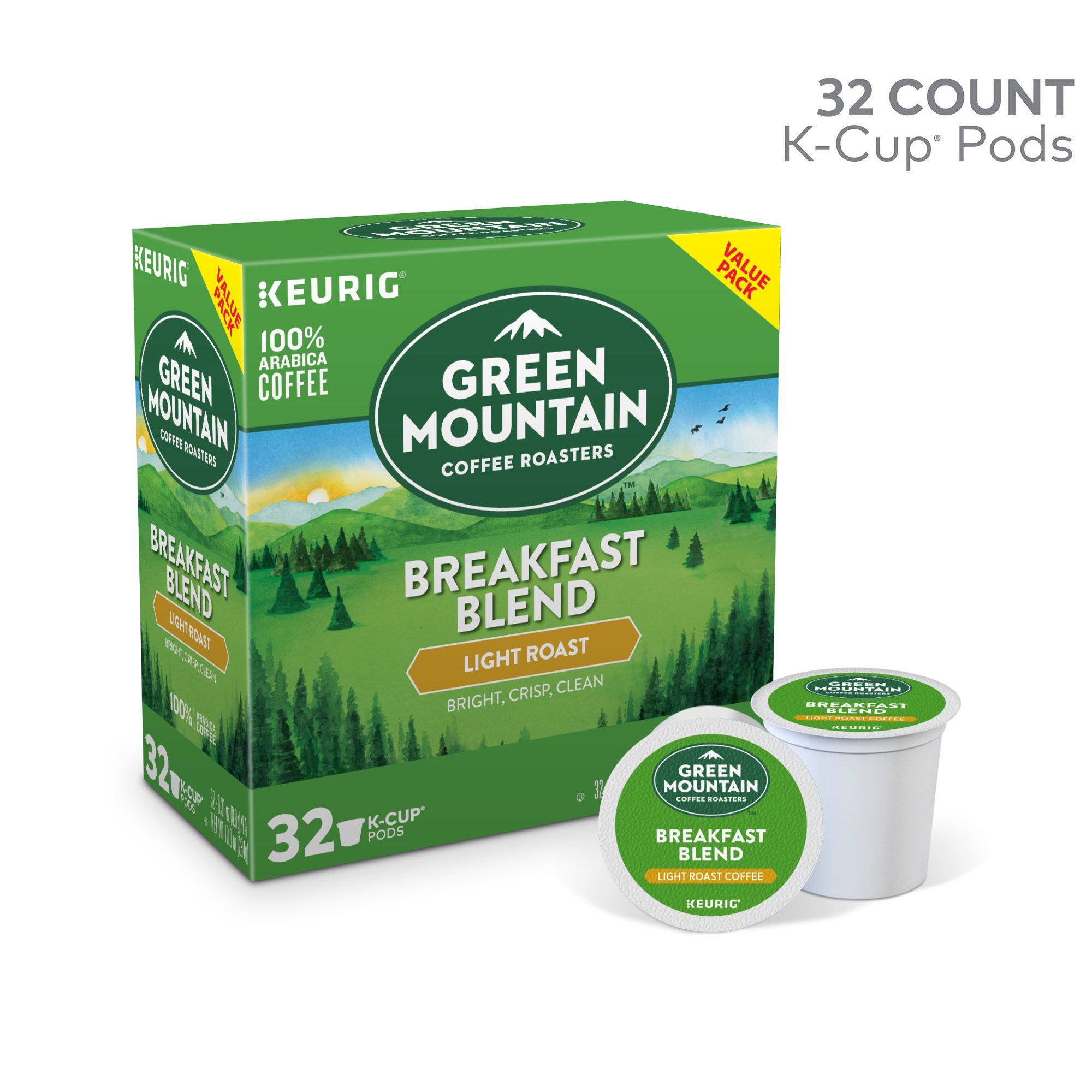 Green Mountain Coffee Breakfast Blend K-Cup Pods. Light Roast. 32 Count
