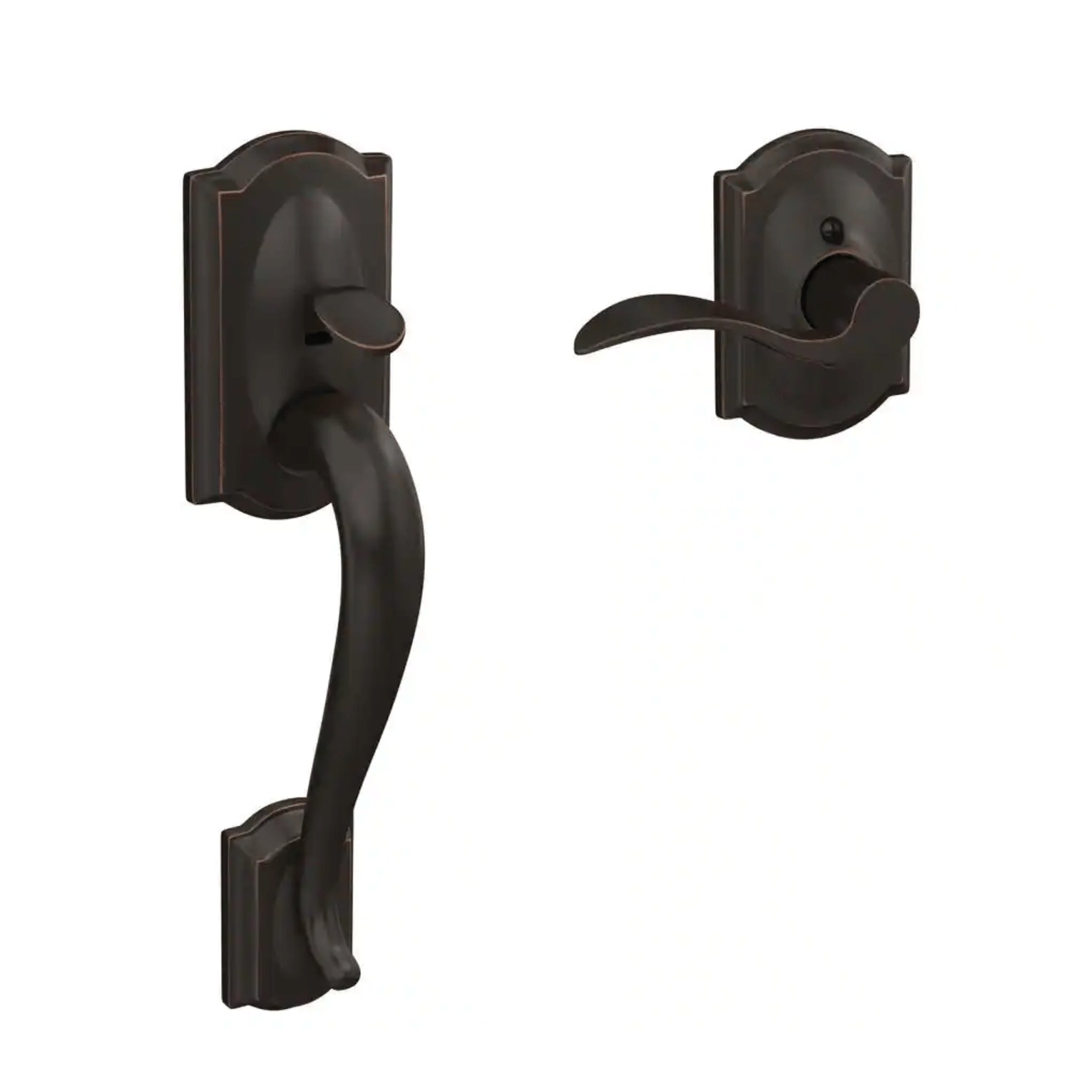 Schlage Camelot Aged Bronze Entry Door Handle Set with Accent Door Handle