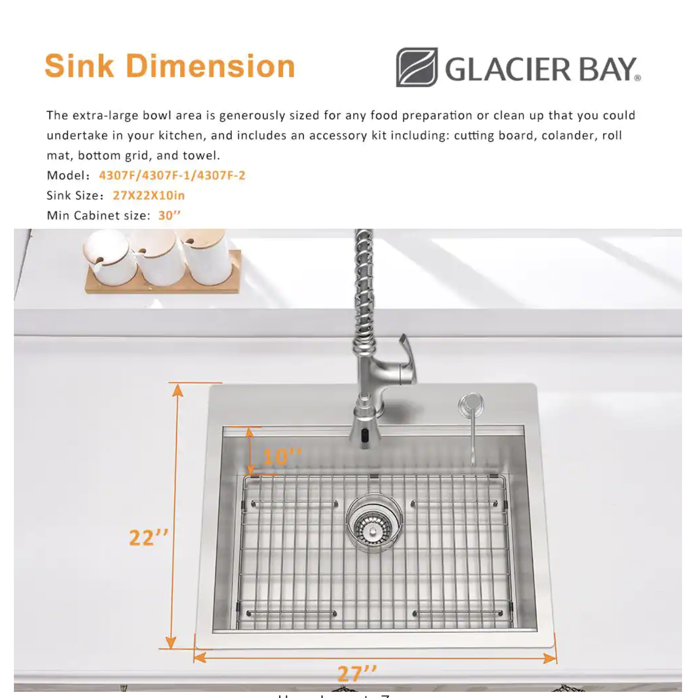 Glacier Bay All-in-One Zero Radius Drop-in 18G Stainless Steel 27 in. 2-Hole Single Bowl Workstation Kitchen Sink. Pull-Down Faucet