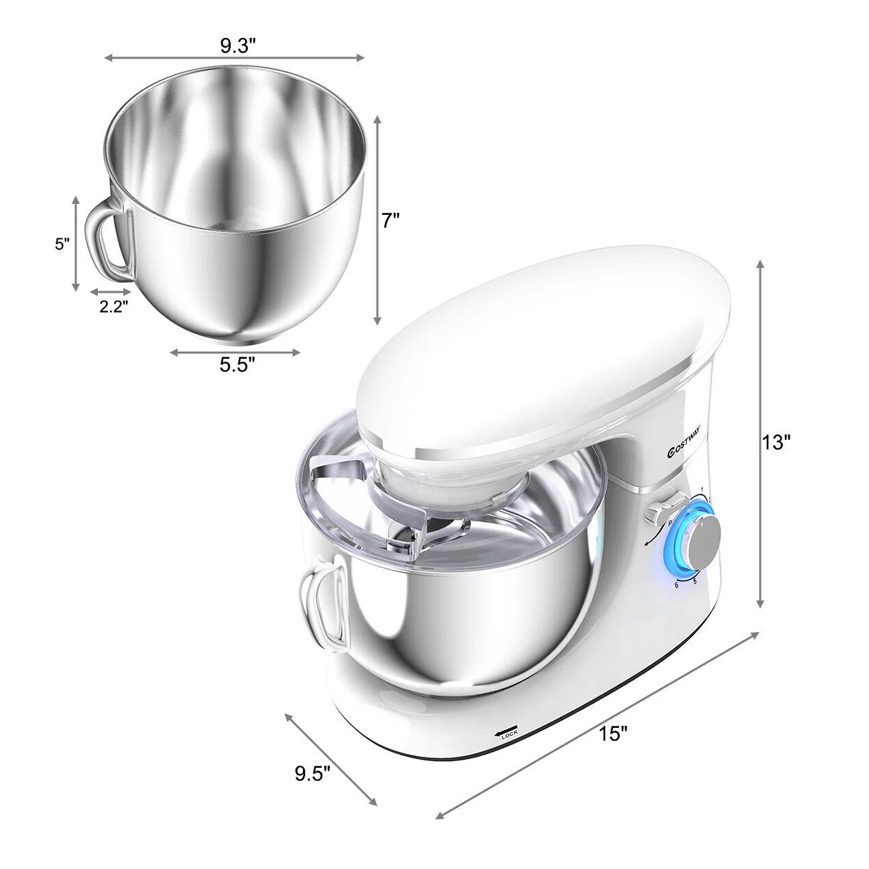 Costway 6-Speed 660W Dough Hook Whisk Beater 6.3Qt Tilt-Head Food Stand Mixer. White