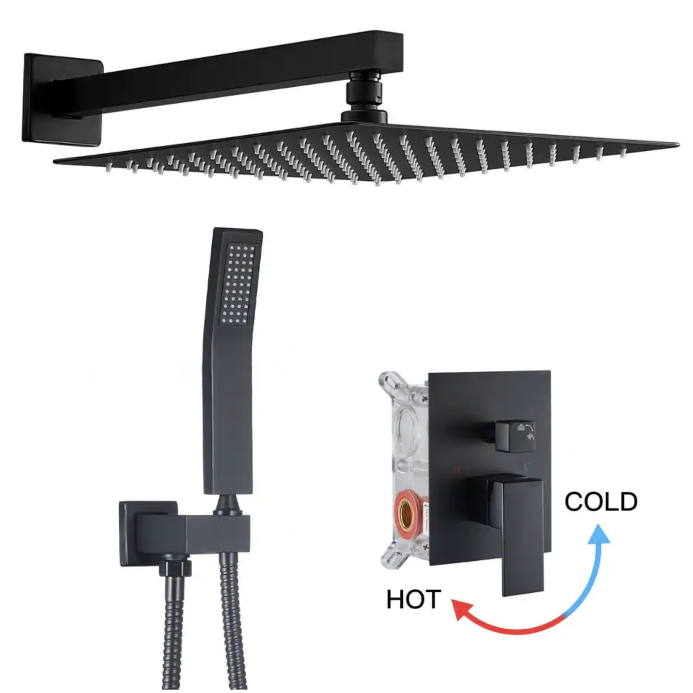 Zalerock Rain 1-Spray Square 12 in. Shower System Shower Head with Handheld in Black