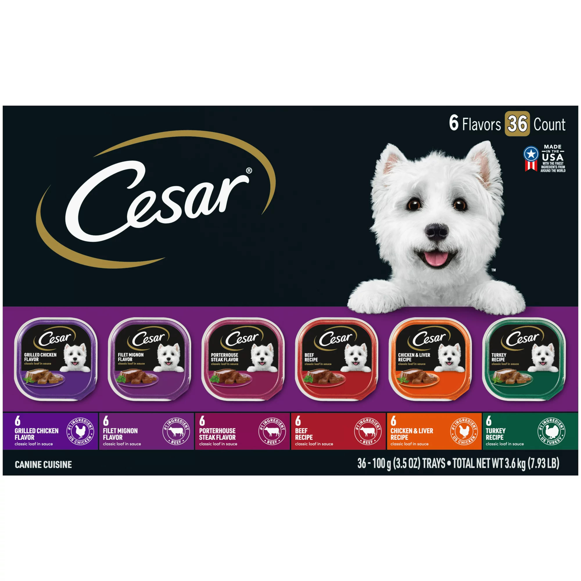 Cesar Classic Loaf in Sauce Grilled Chicken. Beef & Turkey Variety Pack. 3.5 oz. Trays. 36 Pack