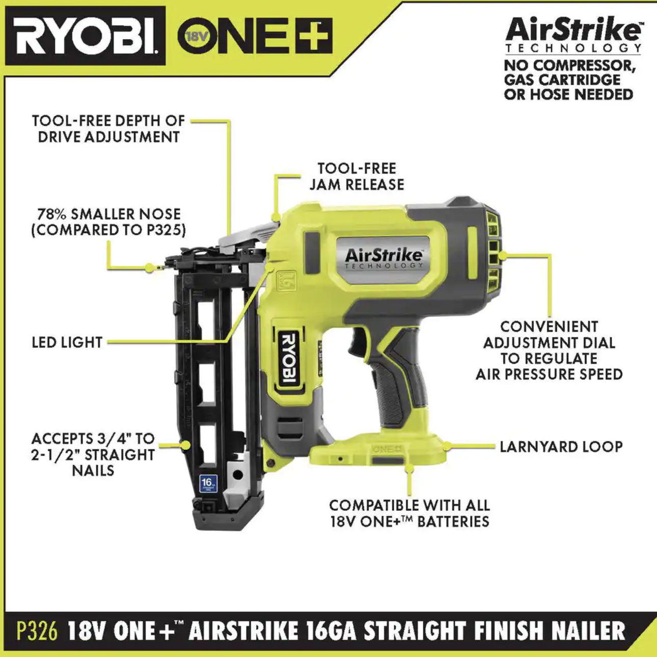 Ryobi ONE+ 18V 16-Gauge Cordless AirStrike Finish Nailer with 1.5 Ah Battery and Charger (P326KN)