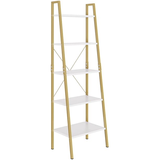 Homfa 5 Tier Gold Bookshelf. Modern Ladder Storage Shelf with Metal Frame. White and Gold Finish