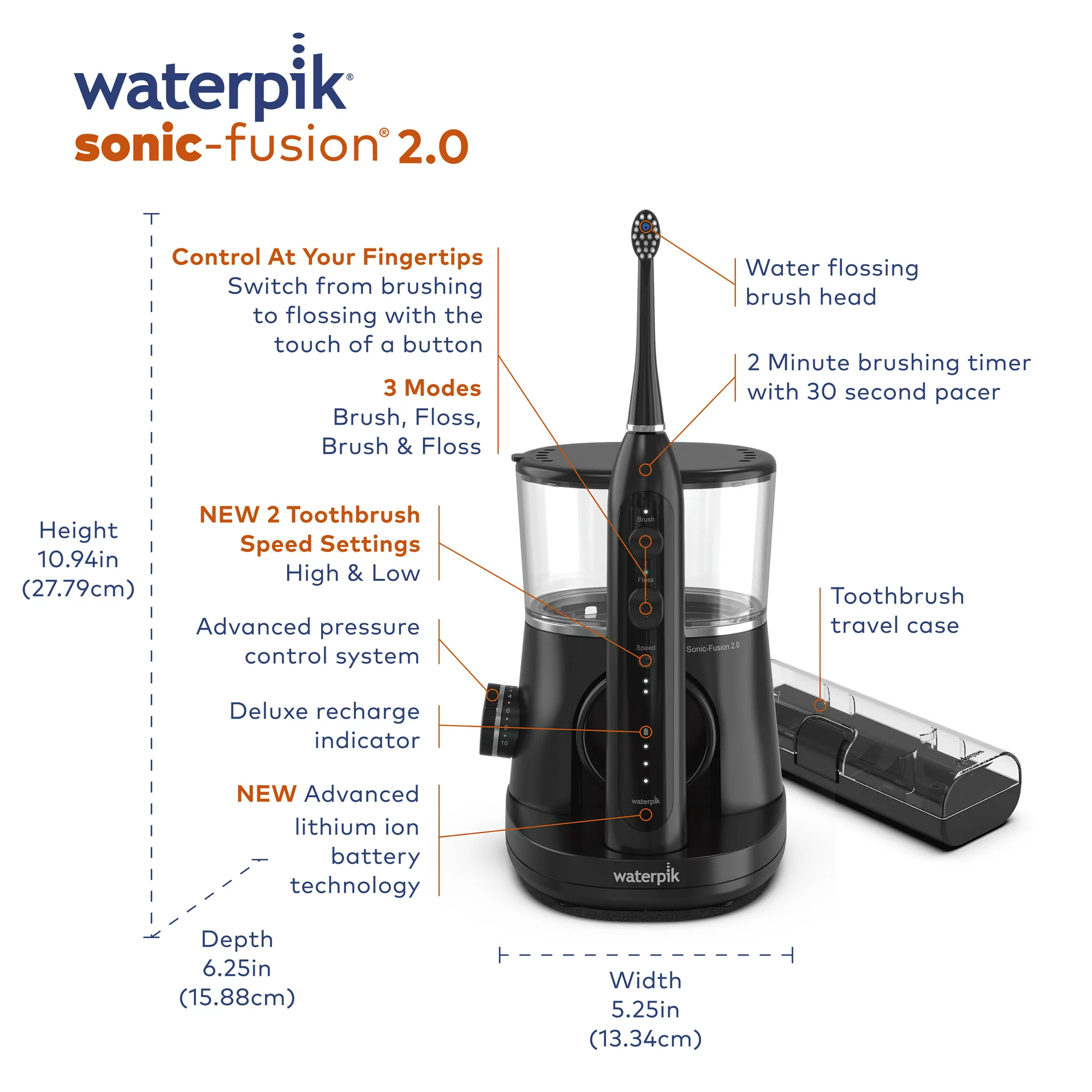 Waterpik Sonic-Fusion 2.0 Flossing Toothbrush. Electric Toothbrush & Water Flosser Combo. Black