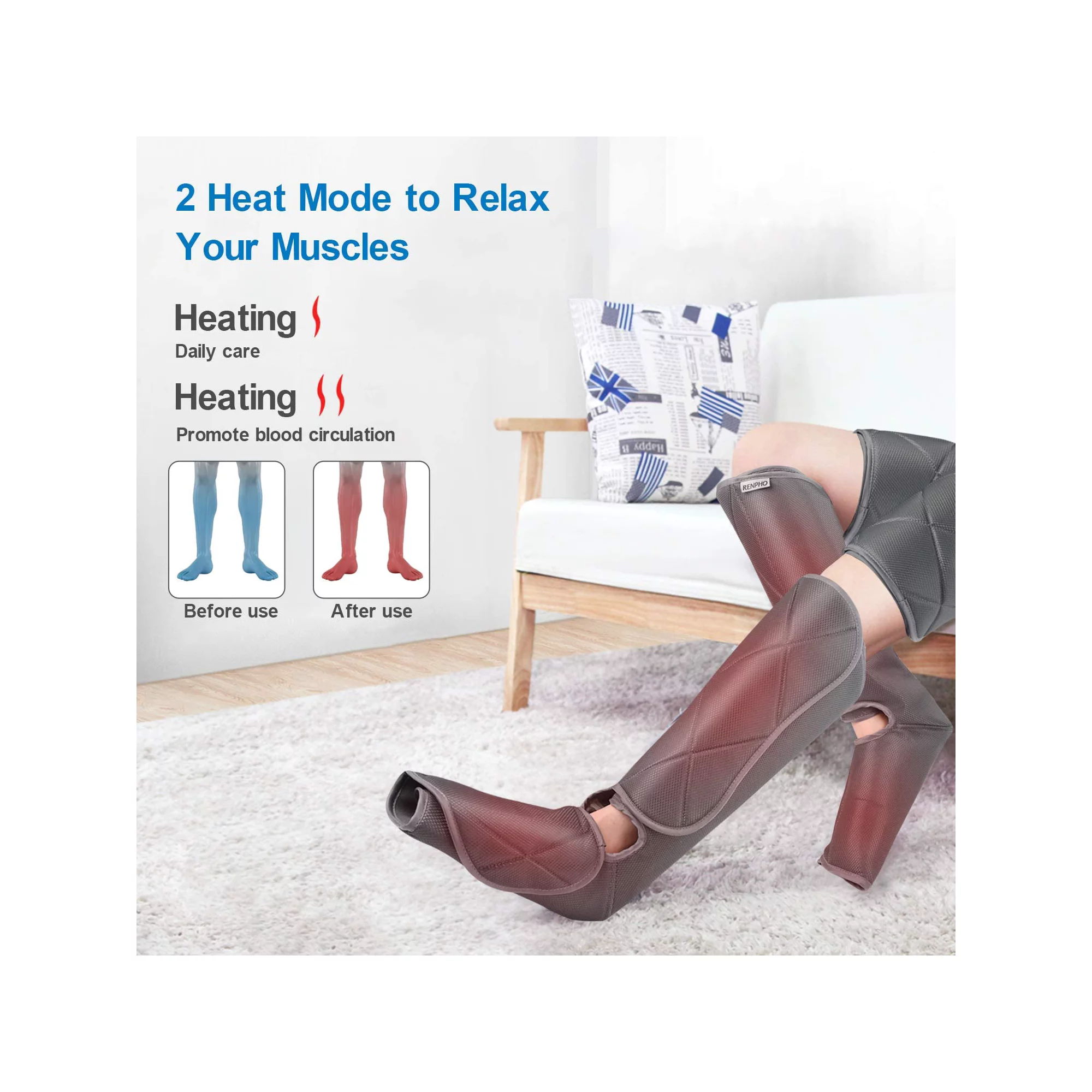 Renpho Leg Massager with Heat. Compression Calf Thigh Foot Massage. Adjustable Wraps Design for Most Size. with 3 Modes 3 Intensities