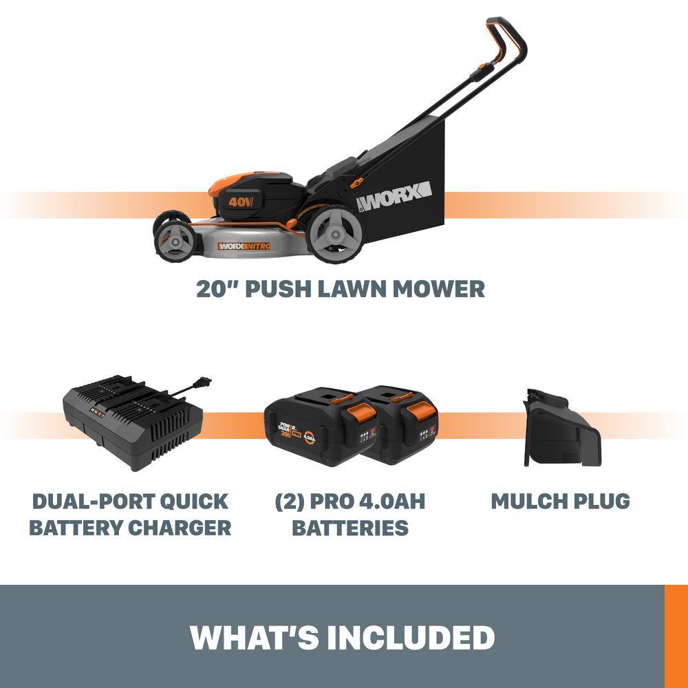 Worx Power Share Nitro 40V Cordless 20in. 4Ah Push Mower w/Mulching /Side Discharge. Brushless