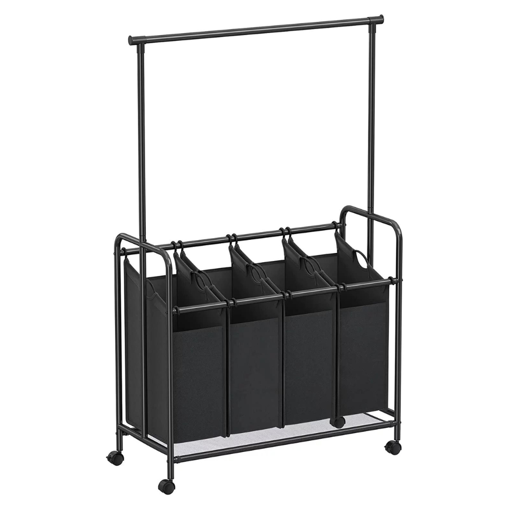 Songmics 4-Bag Laundry Sorter. Rolling Laundry Cart with Hanging Bar. Heavy-Duty Wheels. Black