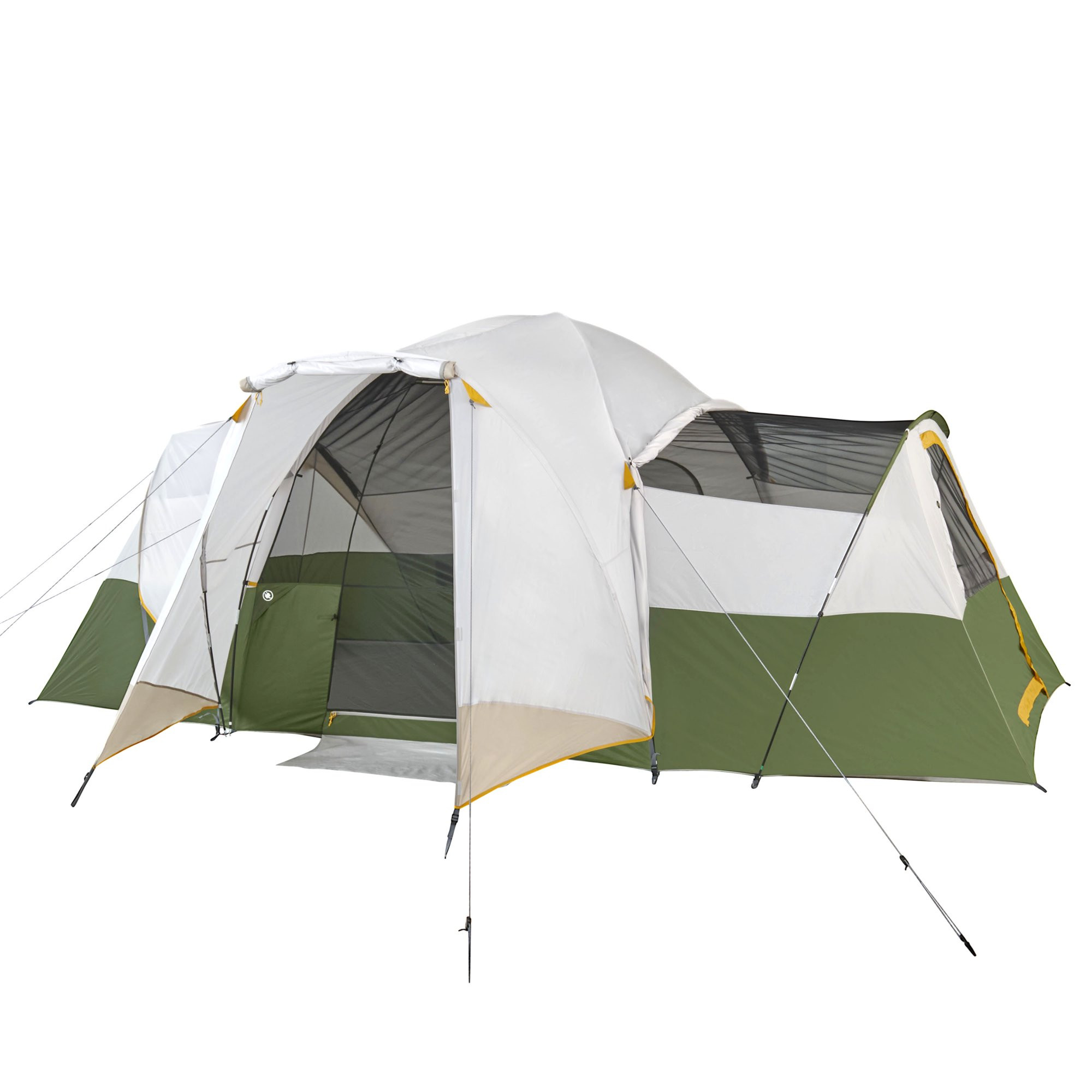 Slumberjack Riverbend 10-Person. 3-Room. Hybrid Dome Tent with Full Fly. Off-White/ Green