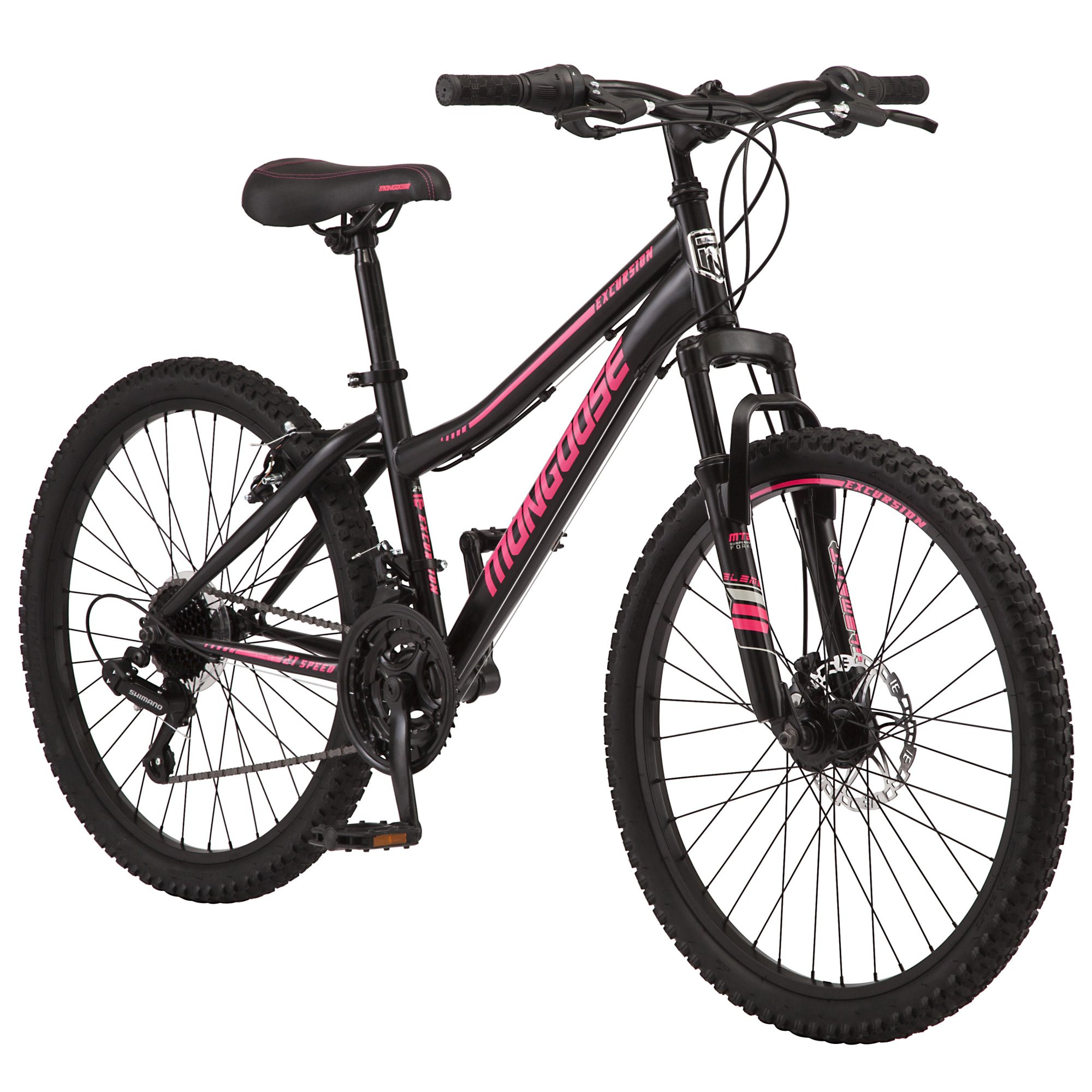 Mongoose Excursion Mountain Bike. 24-Inch Wheel. 21 Speeds. Black