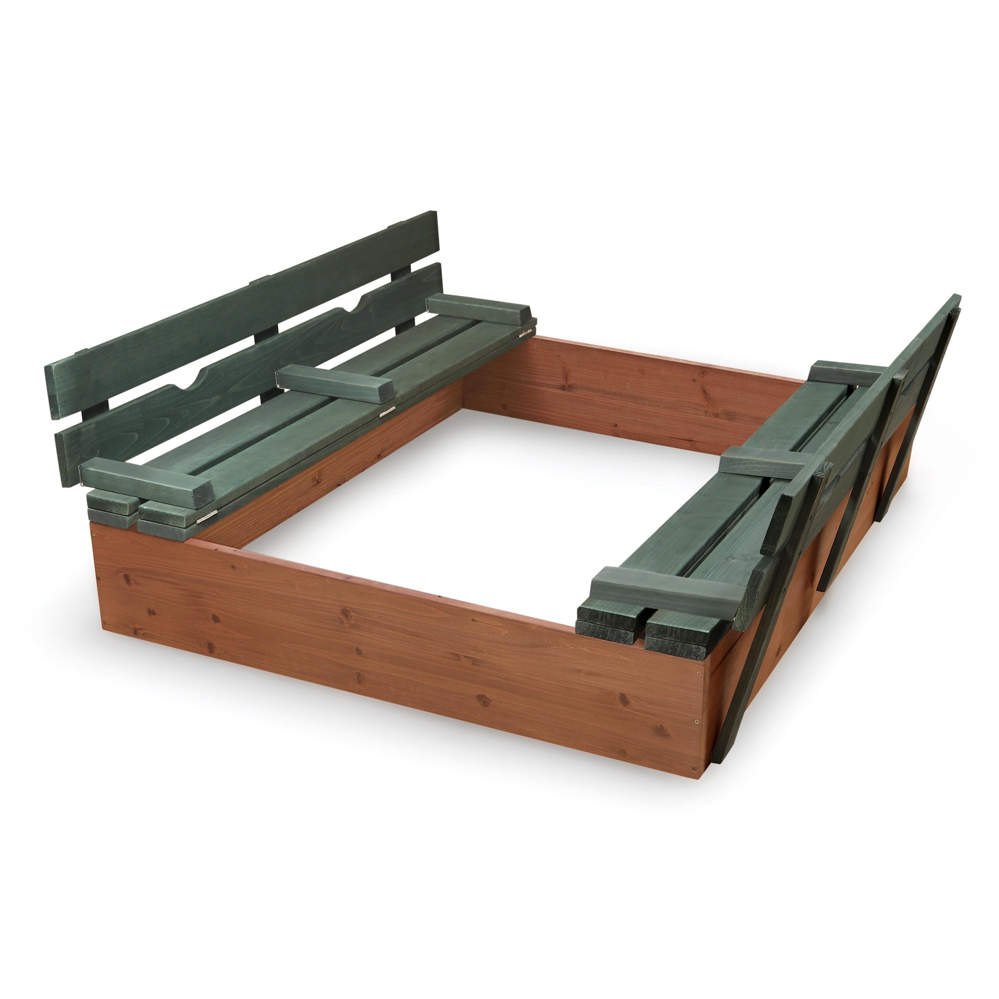 Badger Basket Covered Convertible Cedar Sandbox with Two Bench Seats. Natural/Green