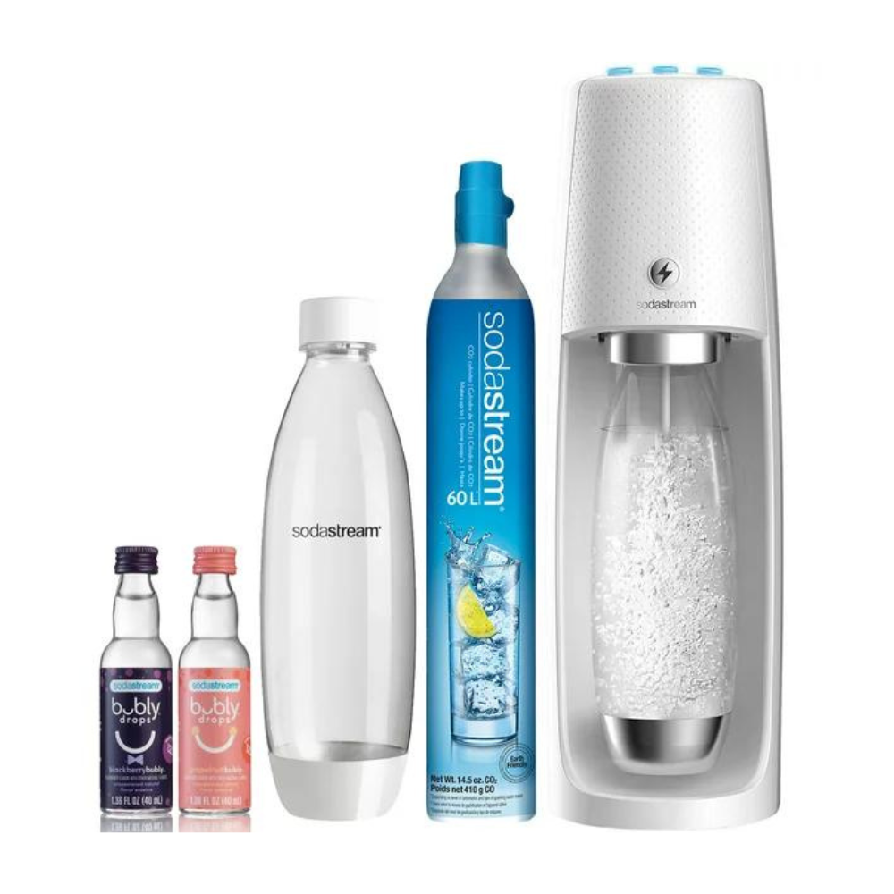 SodaStream One Touch Sparkling Water Maker (White) Bundle With CO2. 2 BPA Free Bottles And 2 bubly Drops