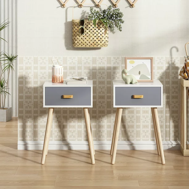 Jaxpety Mid Century Modern Nightstands Set Of 2. Ivory White & Bluish Gray