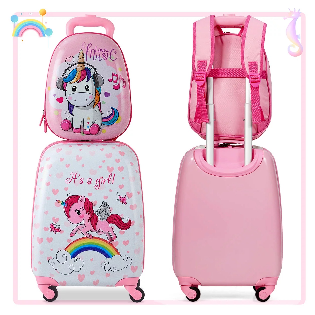 Gymax 2PC Kids Carry-on Luggage Set 12” Backpack & 16” Rolling Suitcase for School Travel. Pink