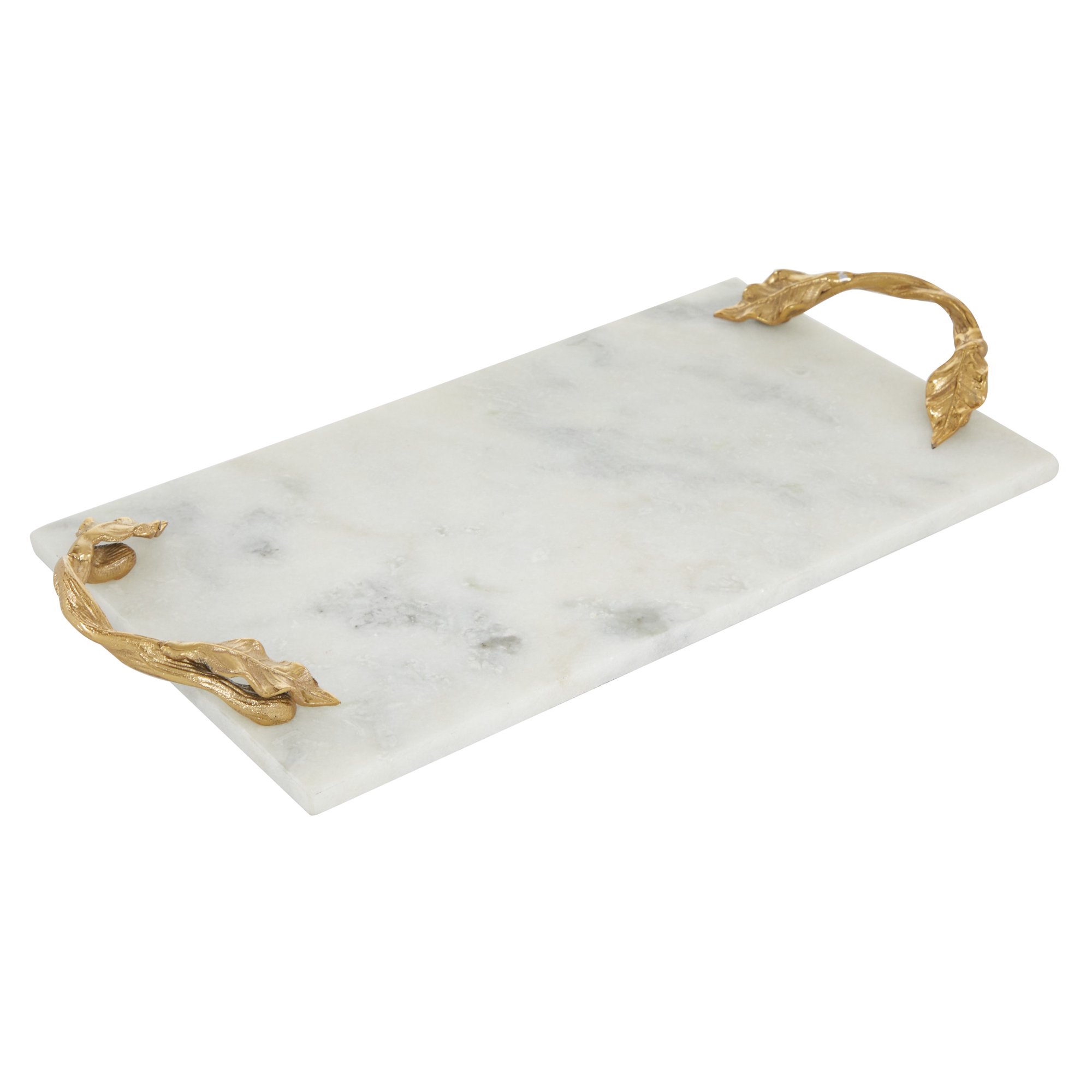 DecMode 21″ x 10″ White Rectangle Marble Tray with Gold Twisted Leaf Handles