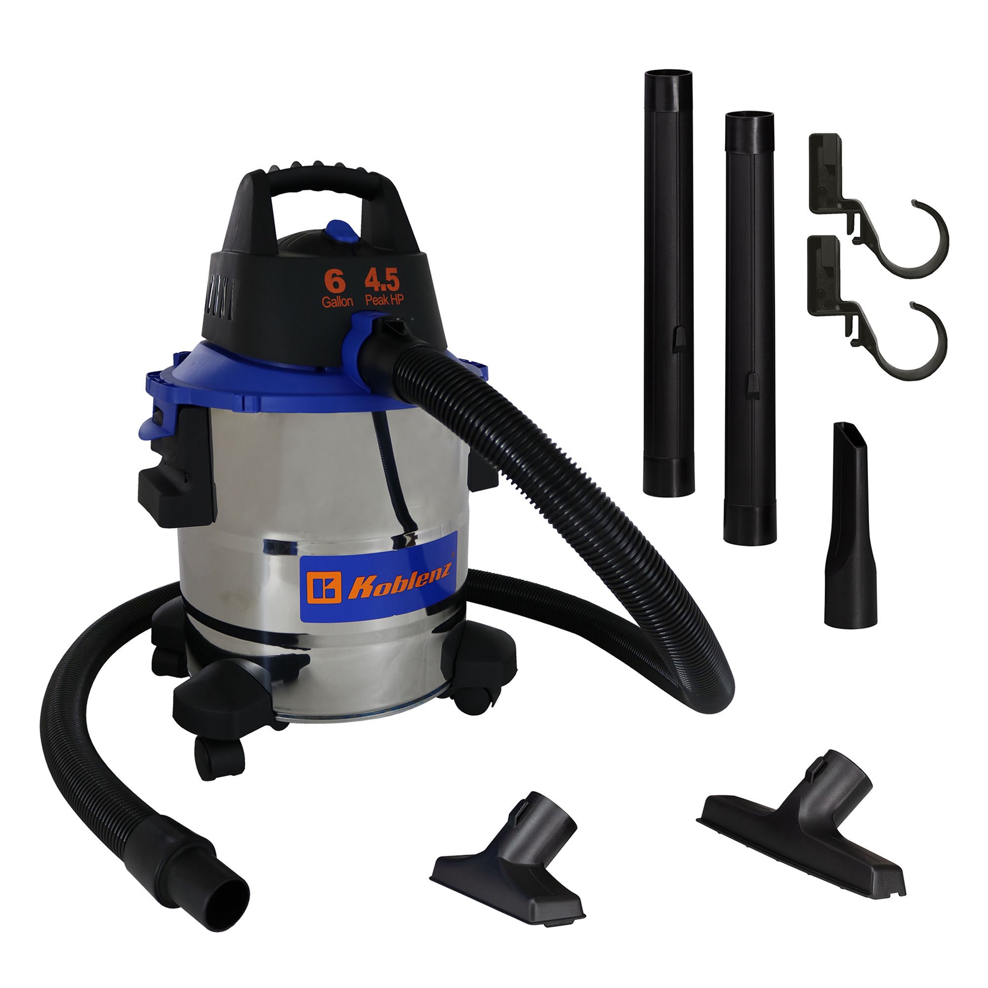 Koblenz Stainless Steel Wet Dry Blow Vacuum 6 Gallon. 4.5 Peak HP 1-7/8 In x 7 Ft Locking Hose (WD 6 L212 SS)