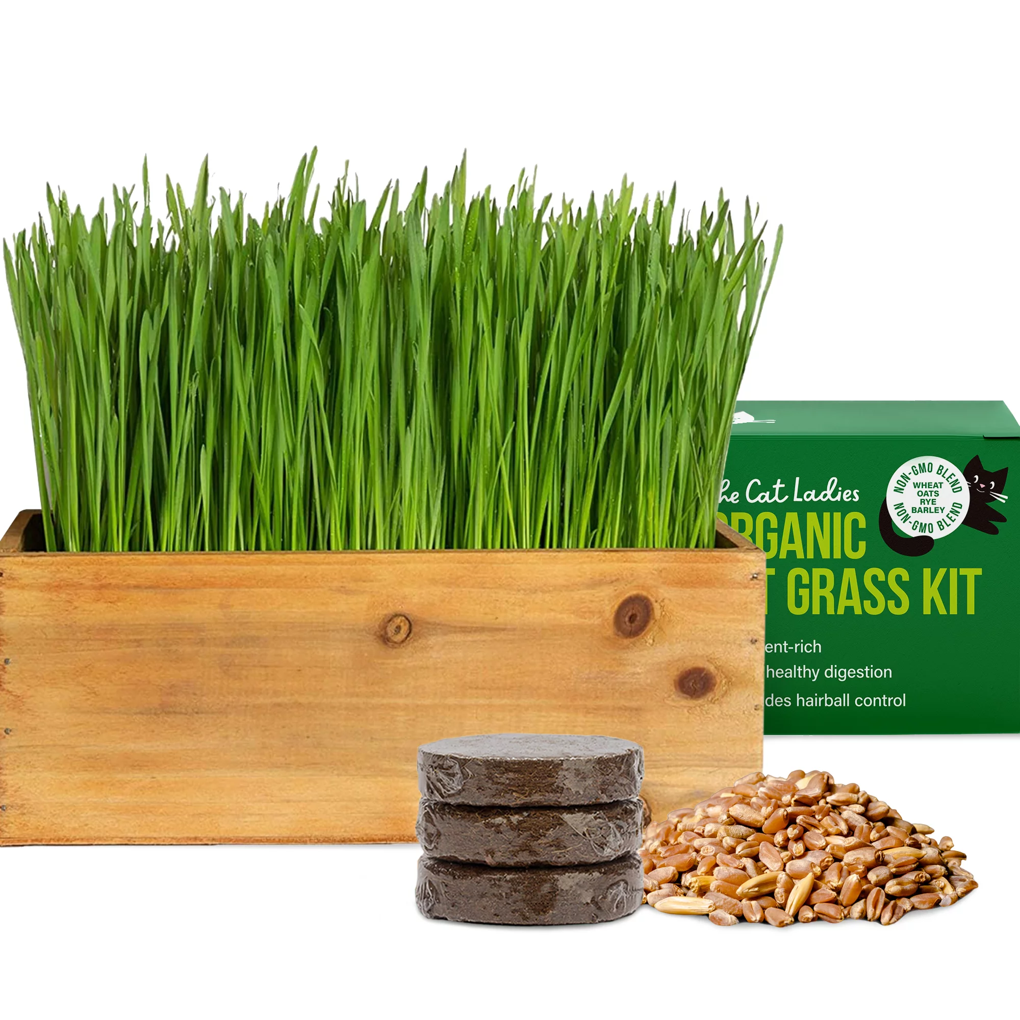The Cat Ladies Cat Grass Kit (Organic) Complete With Rustic Wood Planter. Seed And Soil