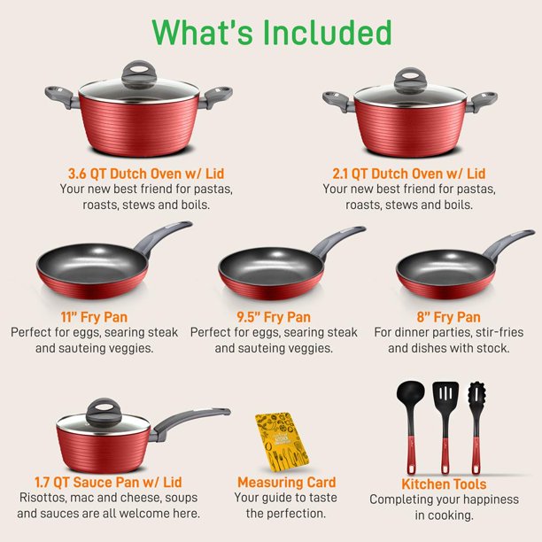 NutriChef 12 Piece Pots & Pans Non-Stick Cookware Set. Dark Gray And Red