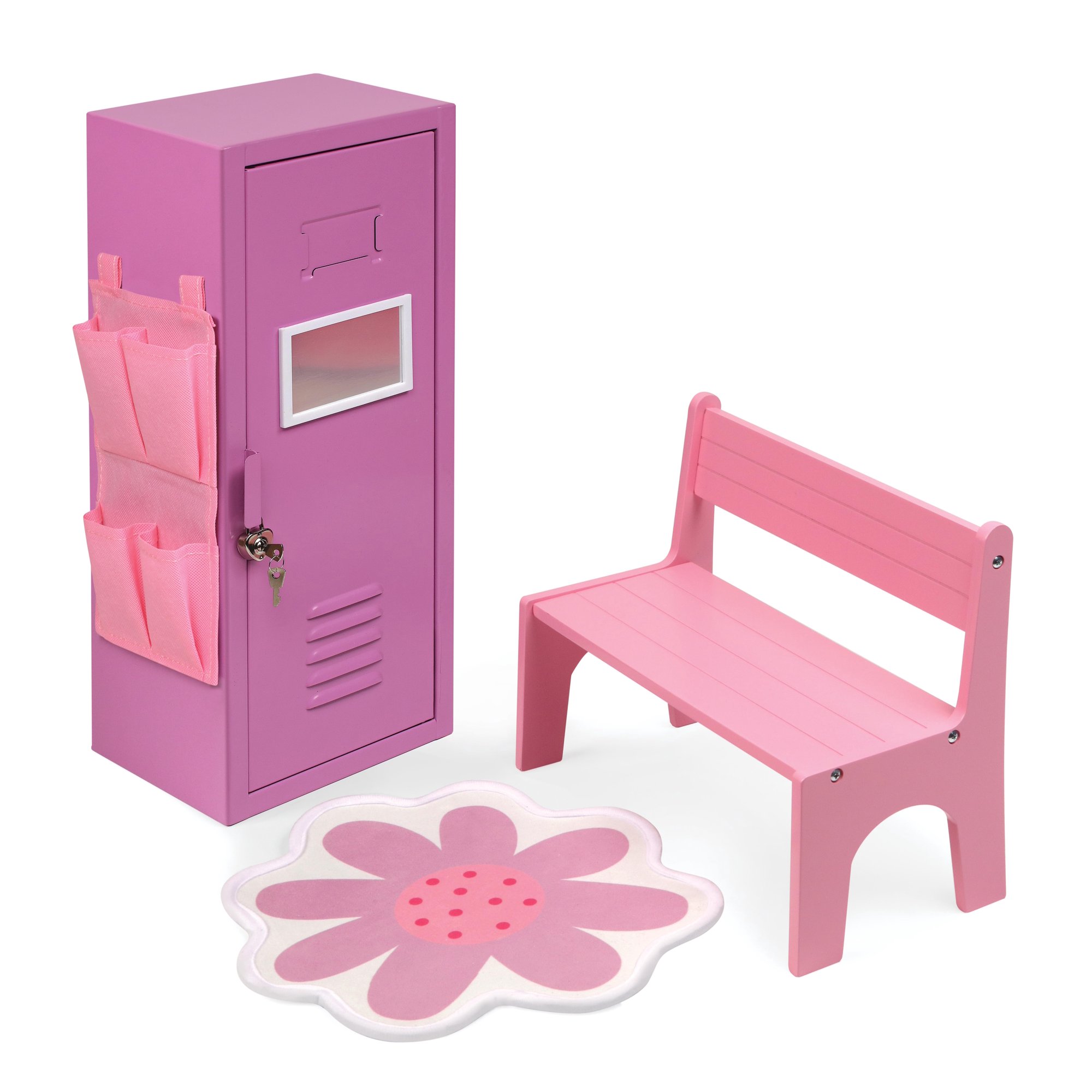 Badger Basket School Style Single Doll Locker Set With Bench. Rug And Accessories - Purple/Pink