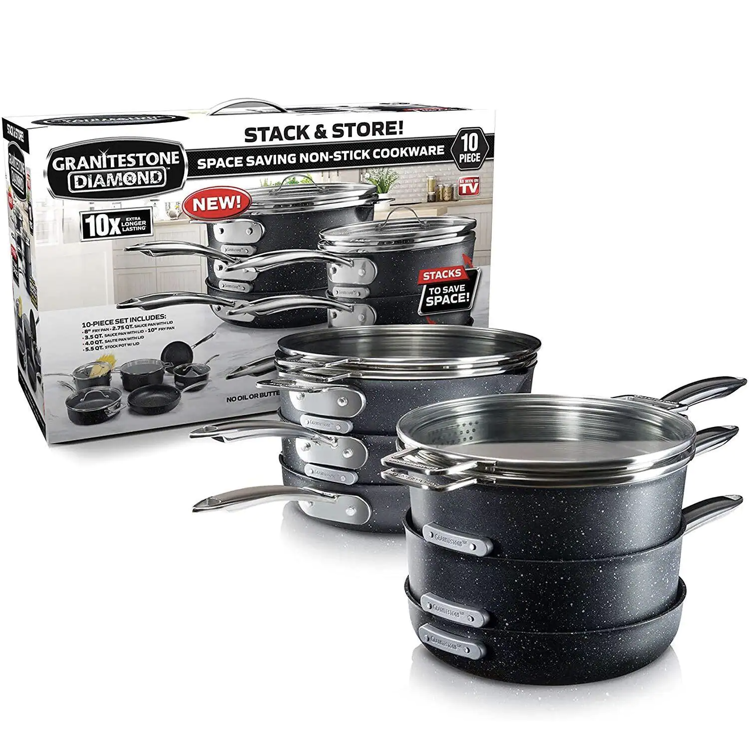 Granite Stone StackMaster 10-Piece Aluminum Non-Stick Diamond Infused Cookware Set with Glass Lids