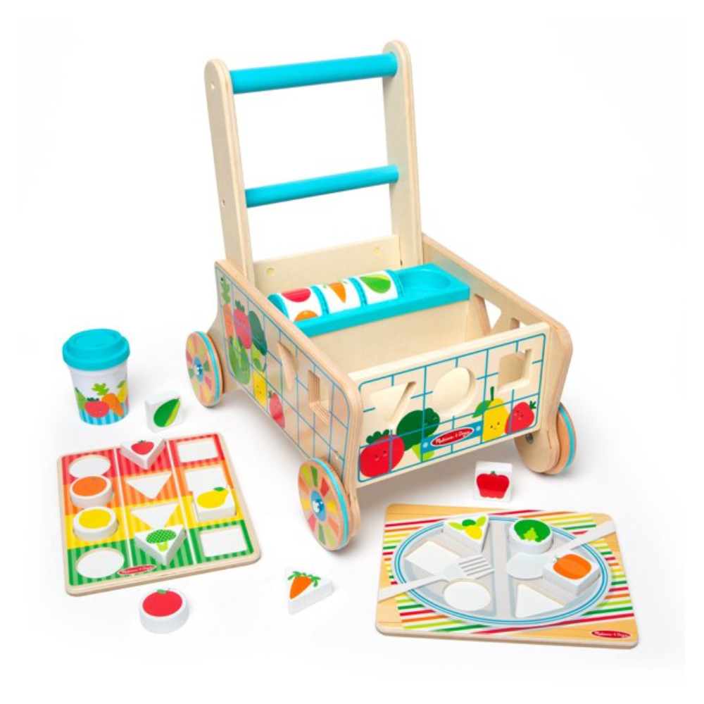 Melissa & Doug Wooden Shape Sorting Grocery Cart Push Toy and Puzzles