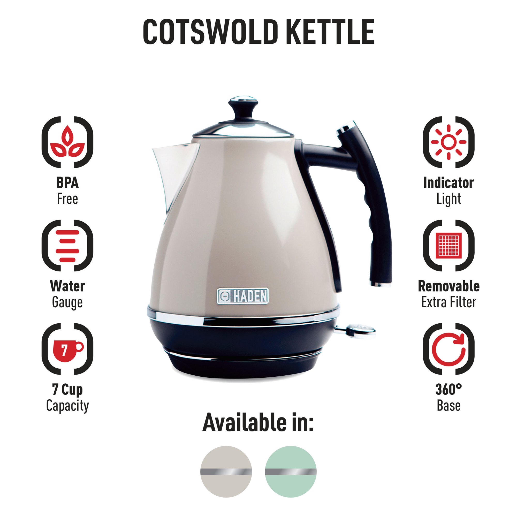 Haden Cotswold 1.7 Liter Stainless Steel Body Retro Electric Kettle. Putty Beige