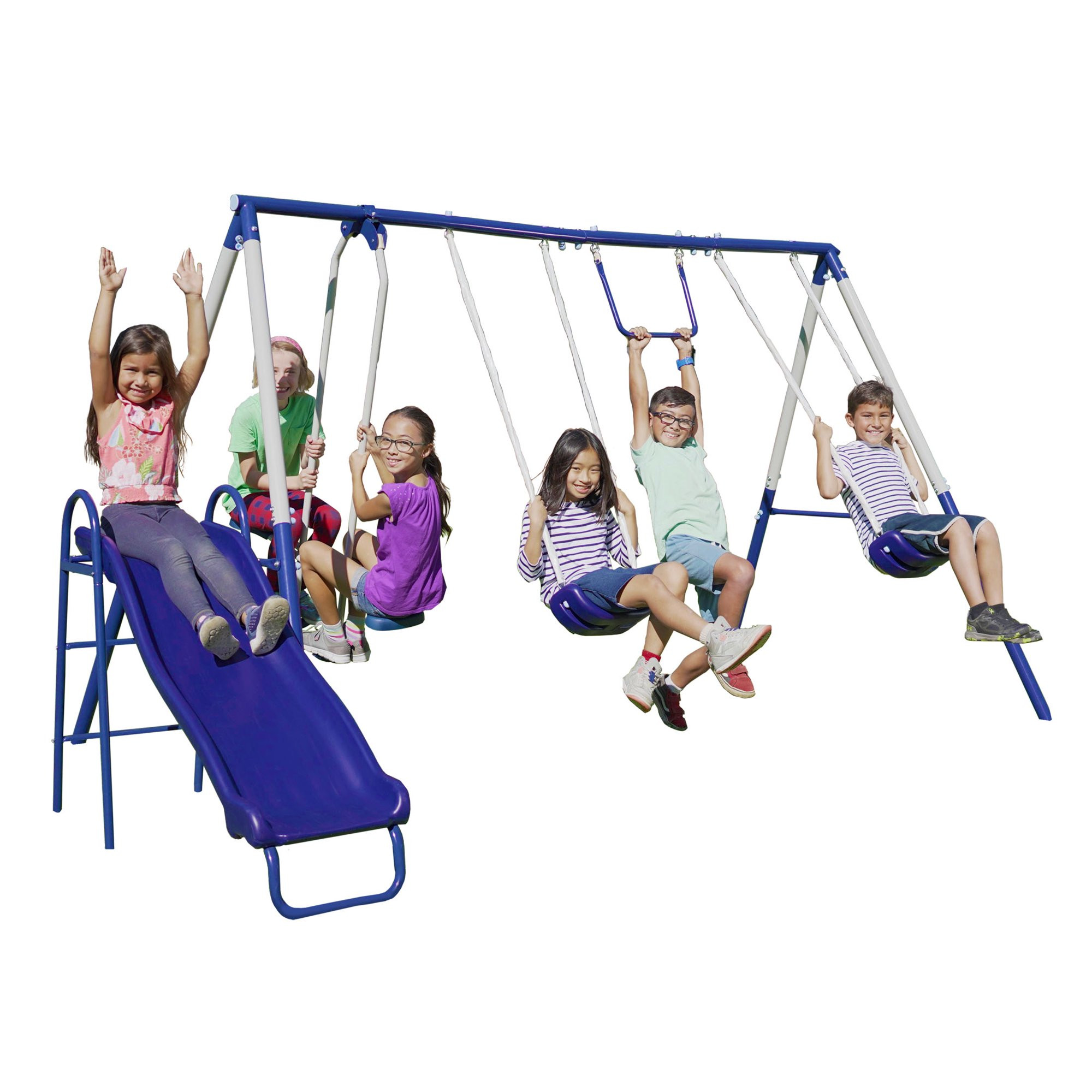 Sportspower Arcadia Metal Swing Set with 5 Ft. Slide. Trapeze. 2 Person Glider Swing