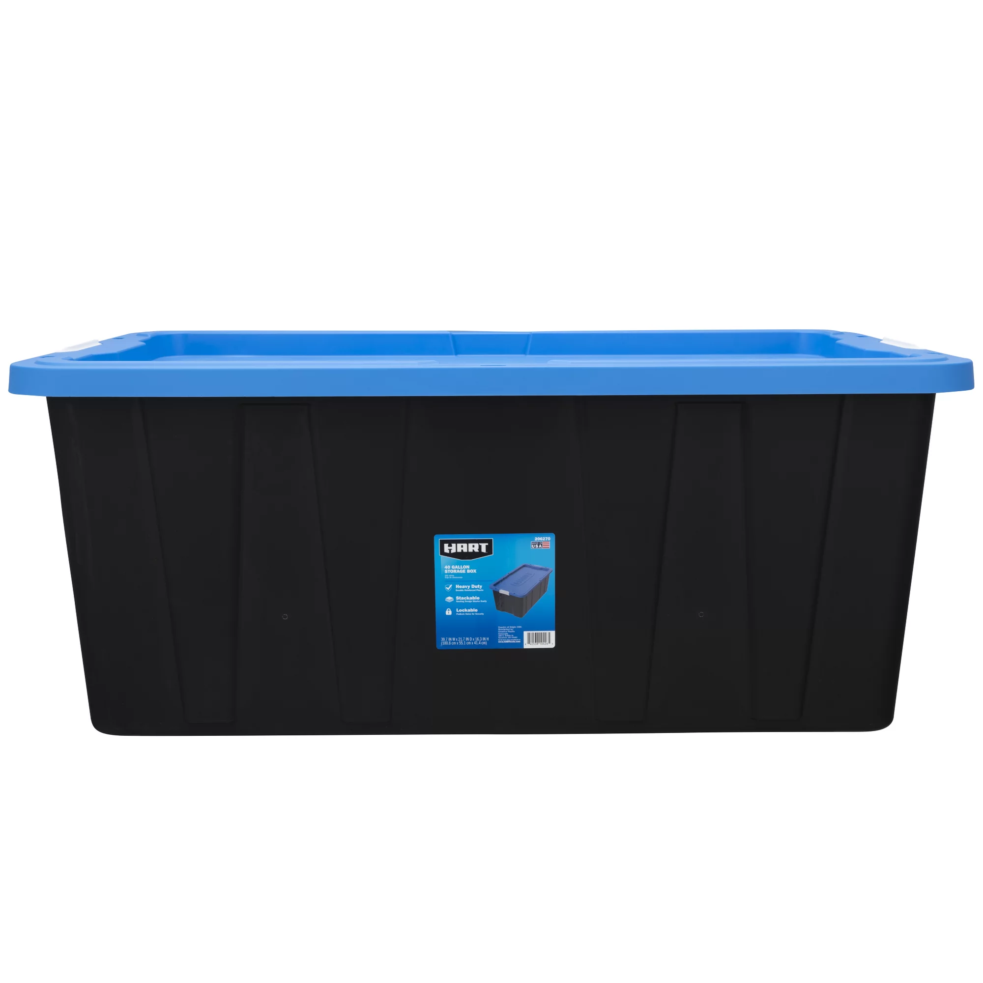 Hart 40 Gallon Heavy Duty Latching Plastic Storage Bin. Black Base/Blue Lid. Set of 3
