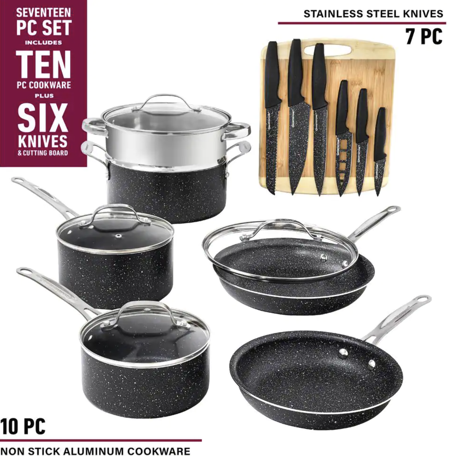 Granite Stone Diamond 17-Piece Aluminum Ultra-Durable Nonstick Diamond Infused Knives and Cookware Set with Cutting Board. Black