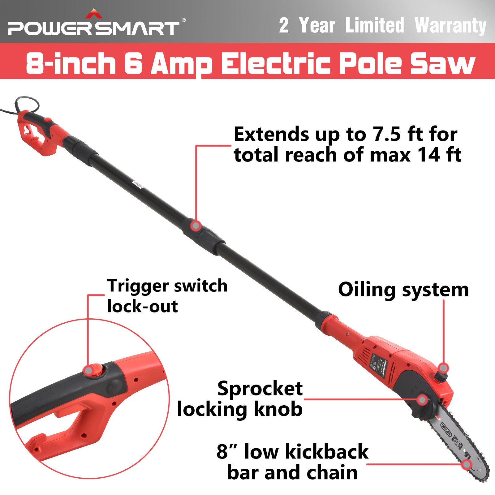 PowerSmart 8-inch 6 Amp Telescoping Electric Pole Saw (PS6109)