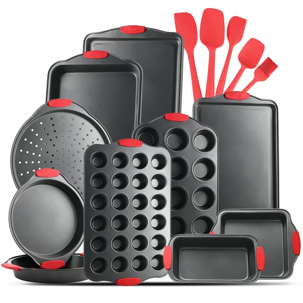 JoyTable Nonstick Bakeware Set. 15 PC Baking Tray Set With Silicone Handles & Utensils. Black
