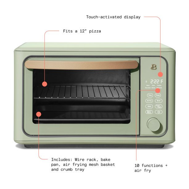Beautiful 6 Slice Touchscreen Air Fryer Toaster Oven. Sage Green by Drew Barrymore