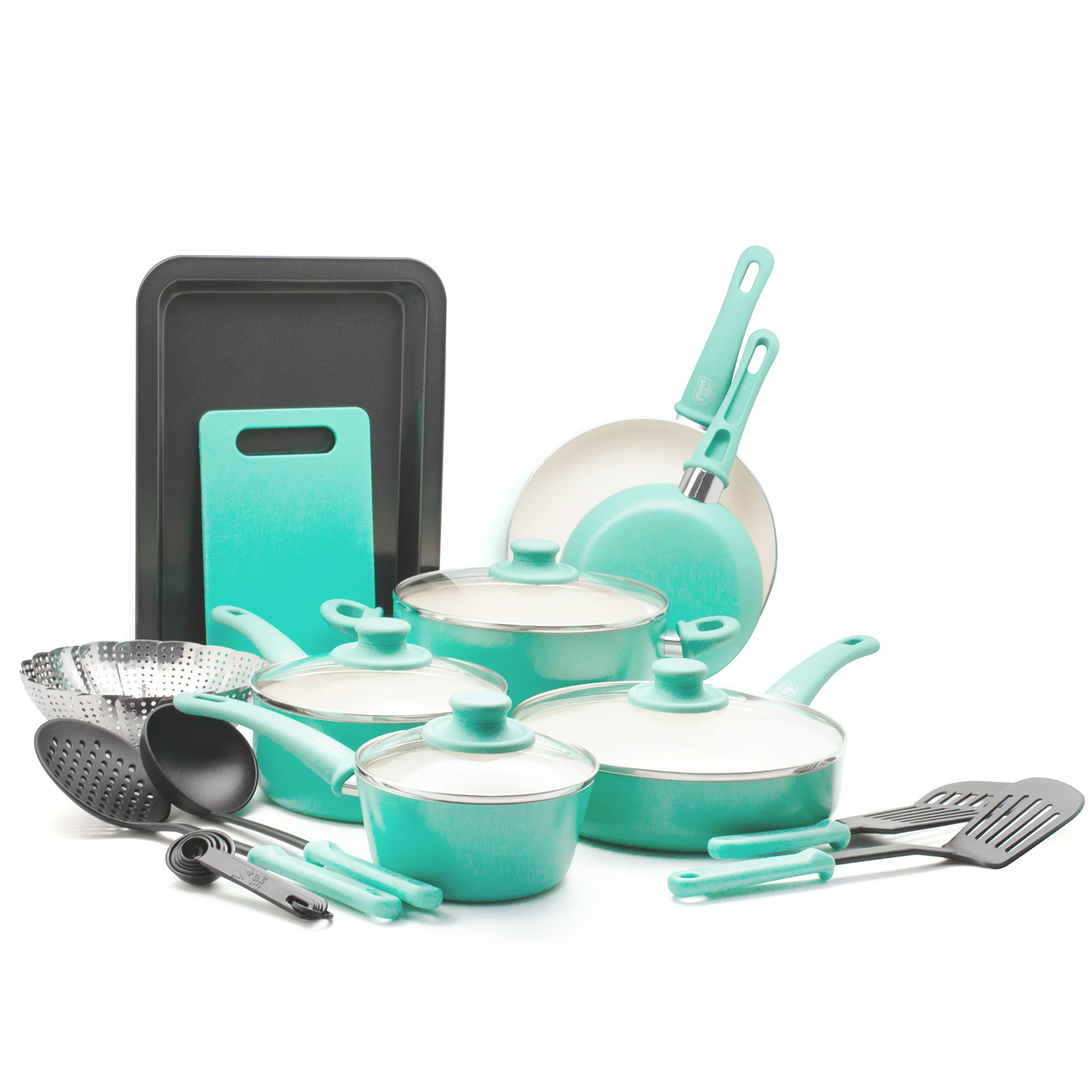 GreenLife Soft Grip Toxin-Free Healthy Ceramic Non-stick Cookware Set. 18 Piece. Turquoise