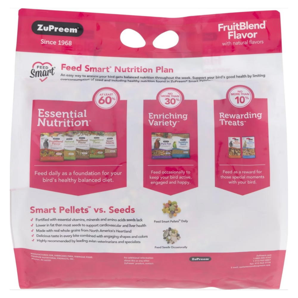 ZuPreem FruitBlend Flavor with Natural Flavors Daily Parrot & Conure Bird Food. 12-lb bag