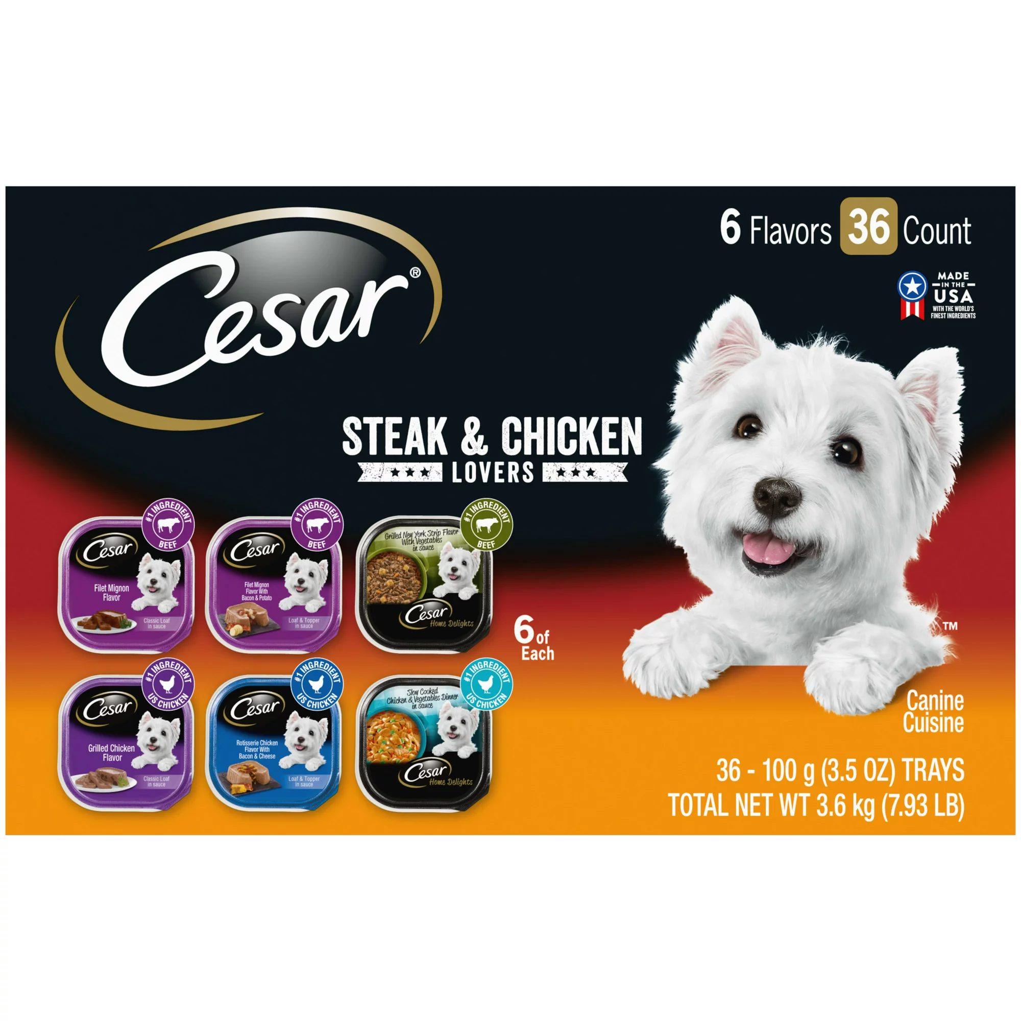 Cesar Wet Dog Food Steak And Chicken Lover-s Variety Pack. 3.5 Oz. Trays. 36