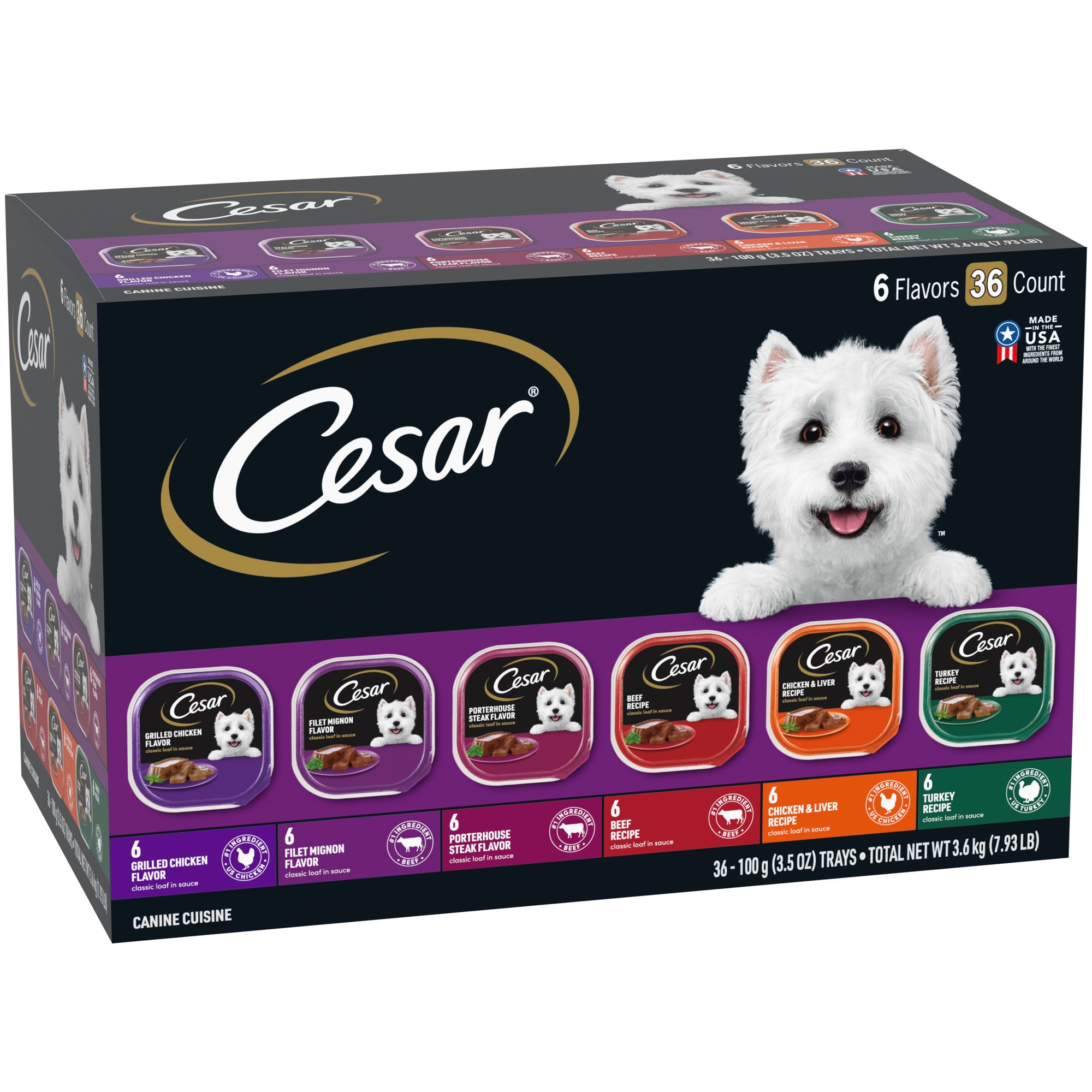 Cesar Classic Loaf in Sauce Grilled Chicken. Beef & Turkey Variety Pack. 3.5 oz. Trays. 36 Pack