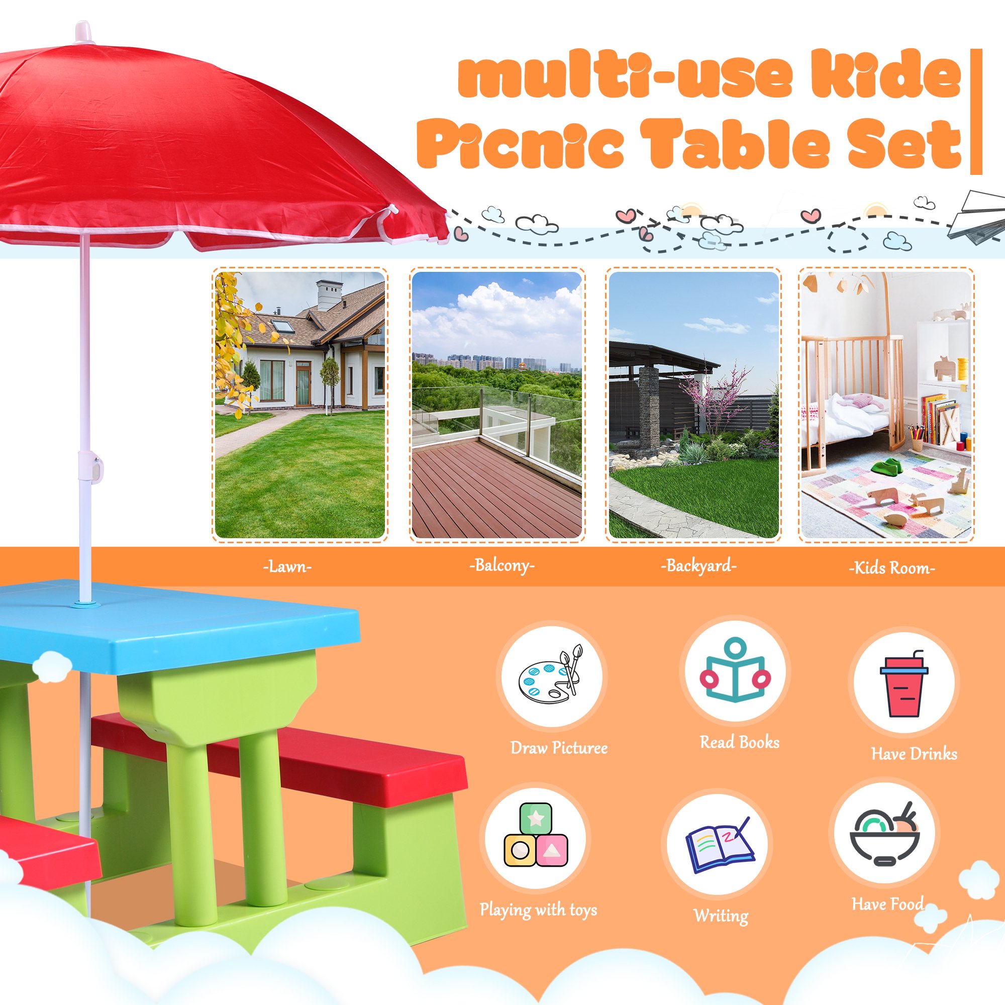Tobbi 4 Seat Kids Picnic Table Bench Set Colorful Portable Garden Yard Bench with Removable Umbrella