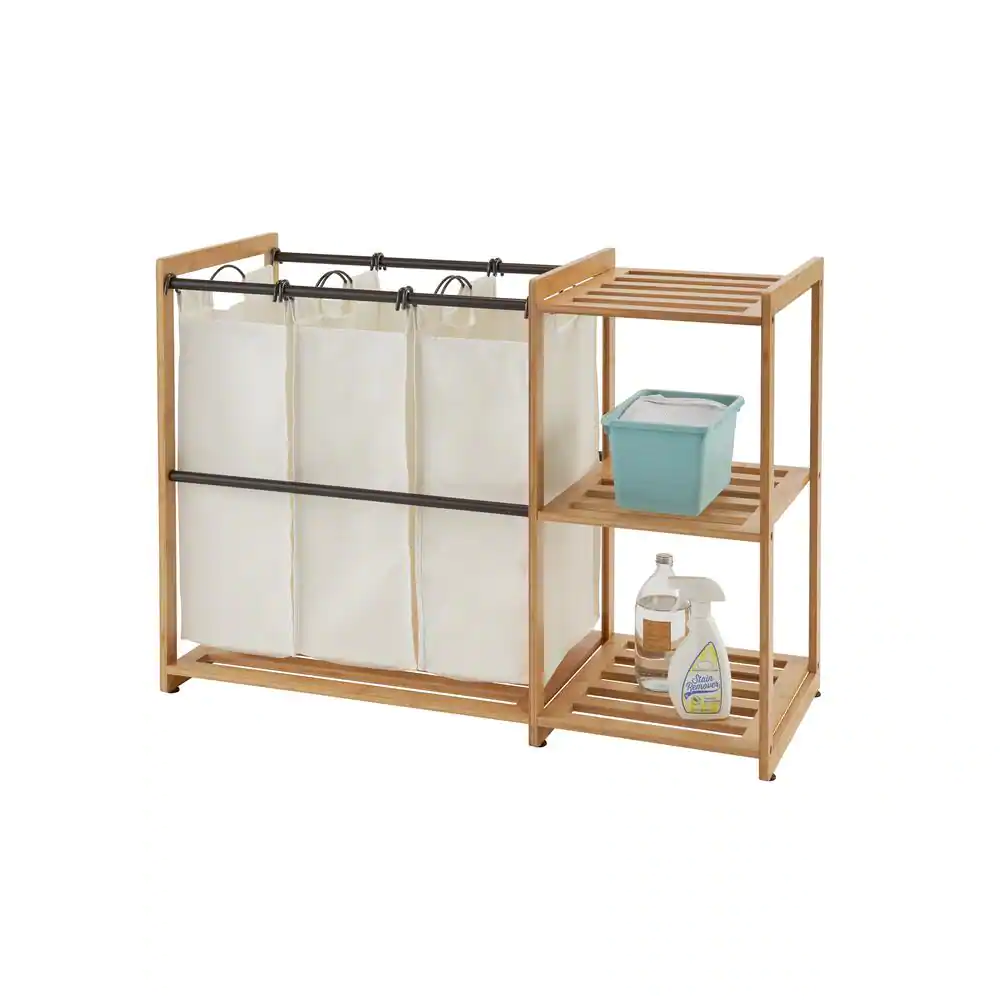 Trinity 3-Bag Bamboo Laundry Station with Bronze Poles