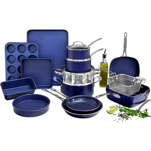 Granite Stone Blue 20 Piece Pots and Pans Set. Nonstick Cookware & Bakeware Set