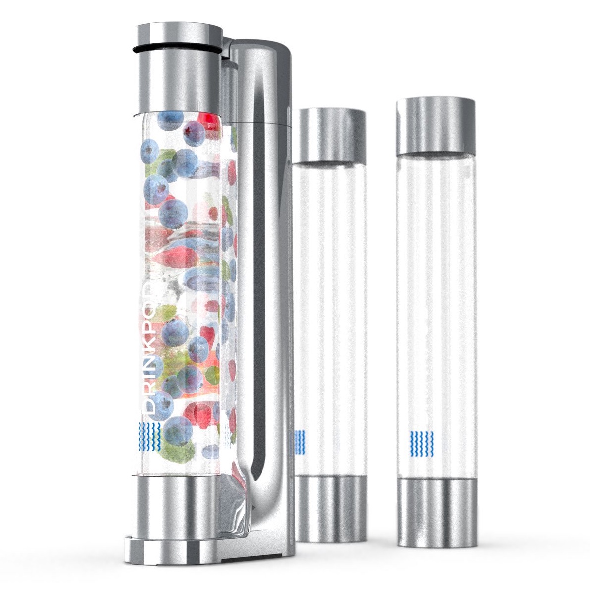 Drinkpod Soda Maker. Fizzy Sparkling Water & Fizzpod Soda Maker with Three 1L Bottles. 3 Caps. 1 Fizz Infuser. Silver Chrome
