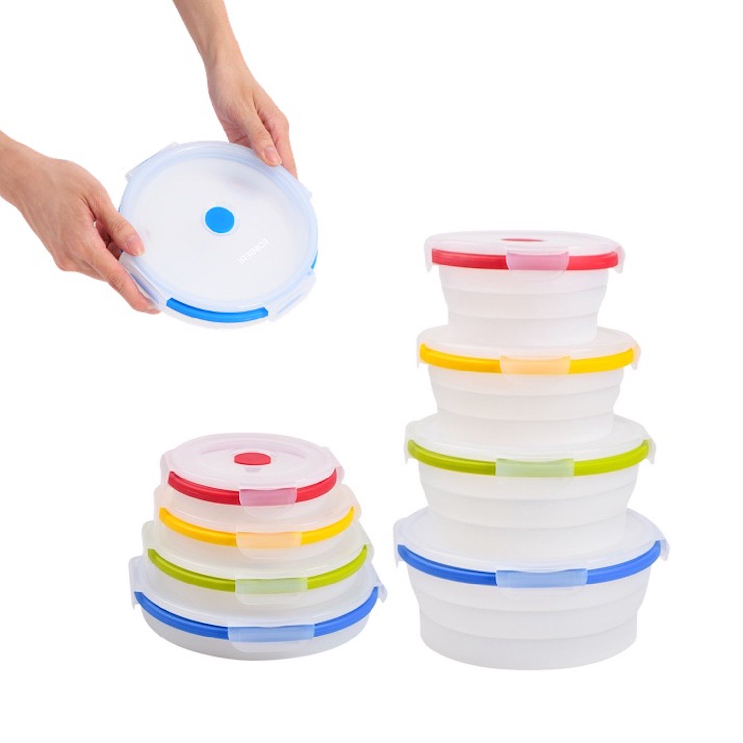 Ecoberi Set of 4 Round Collapsible Food Storage Containers. BPA Free Silicone. Multicolor