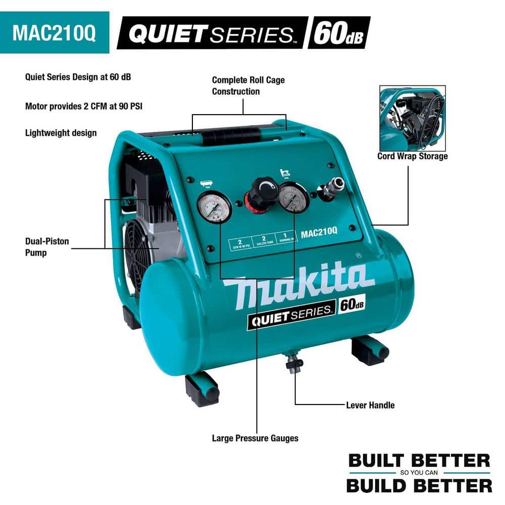 Makita Quiet Series 2 Gal. 1 HP Oil-Free Electric Air Compressor